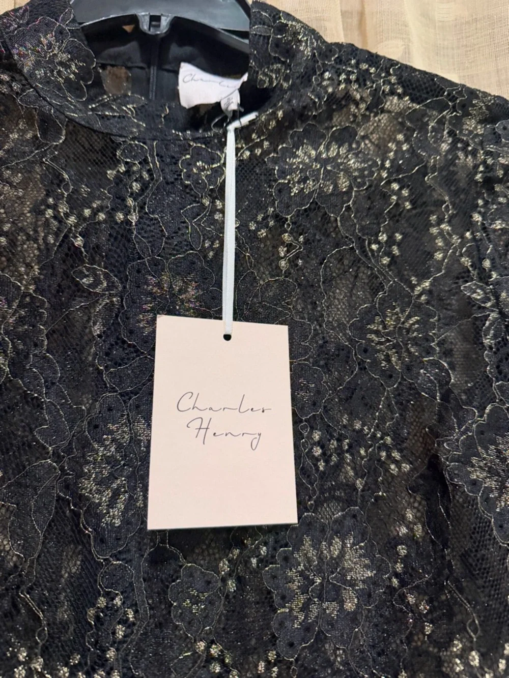 NWT Charles Henry Black Lace Long-Sleeve Mini Dress with Gold Accents small - Picture 5 of 7